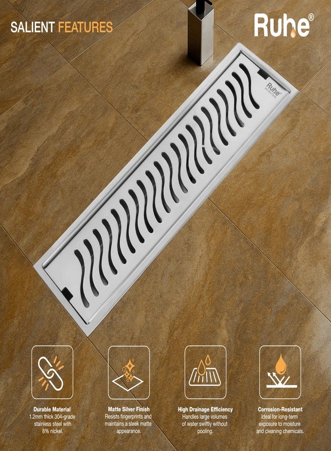 روهي قناة تصريف مياه الدش Ruhe® Wave | 18 × 4 بوصات | قناة تصريف مياه الدش من الفولاذ المقاوم للصدأ 304 | مصرف أرضي مزود بمصيدة للصراصير، وفتحة جانبية، وطوق - Image 4